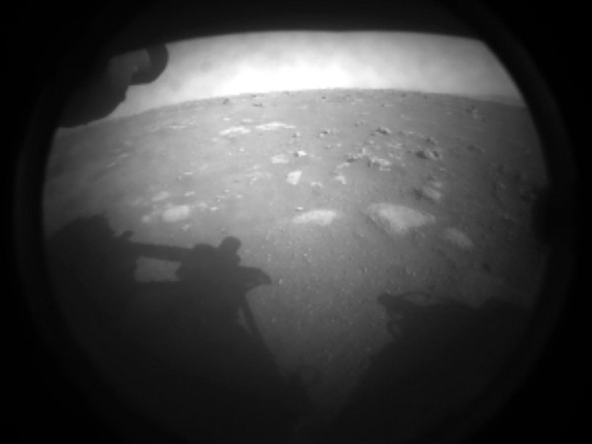 The first image NASA's Perseverance rover sent back after landing on Mars.
