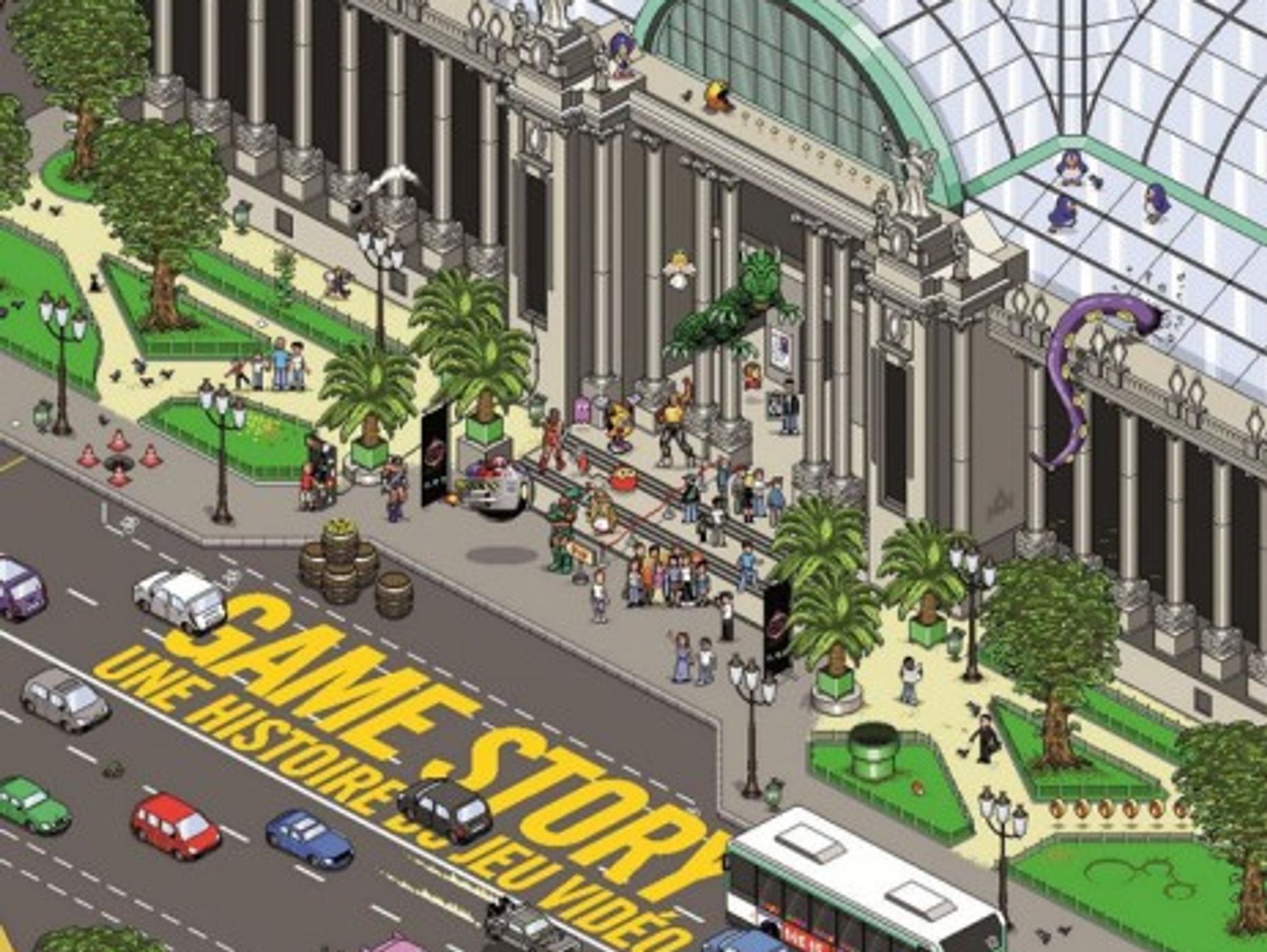 The Grand Palais' majestic front entrance is pixelated for a video game effect