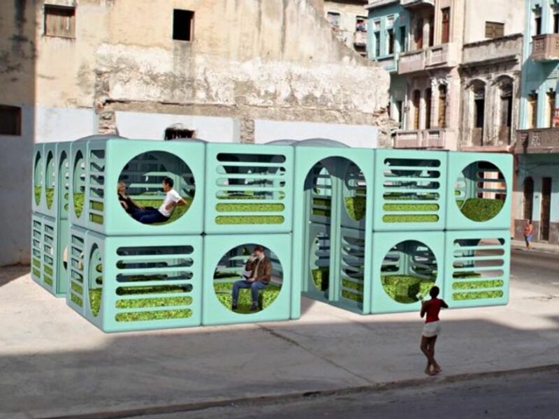 The Internet stations are biodegradable cubes, with fake grass flooring and solar panels.