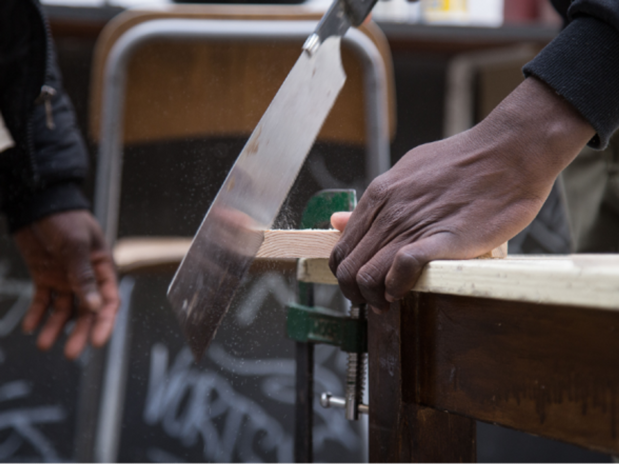 The non-profit organization ''ALI - Free Home Reception'' is hosted by some young migrants from the K_Alma Social Carpentry workshop to build wooden houses and wooden objects.