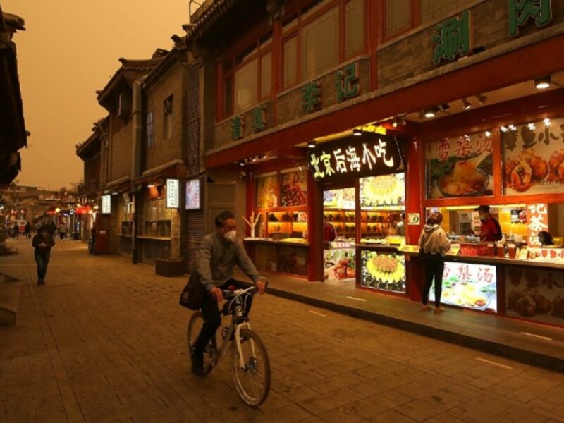 The skies above Beijing turn a dark yellow as China’s capital city is hit by a third major sandstorm in five weeks.