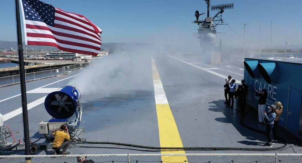 The spraying machine designed by the University of Washington’s Marine Cloud Brightening Program in action.
