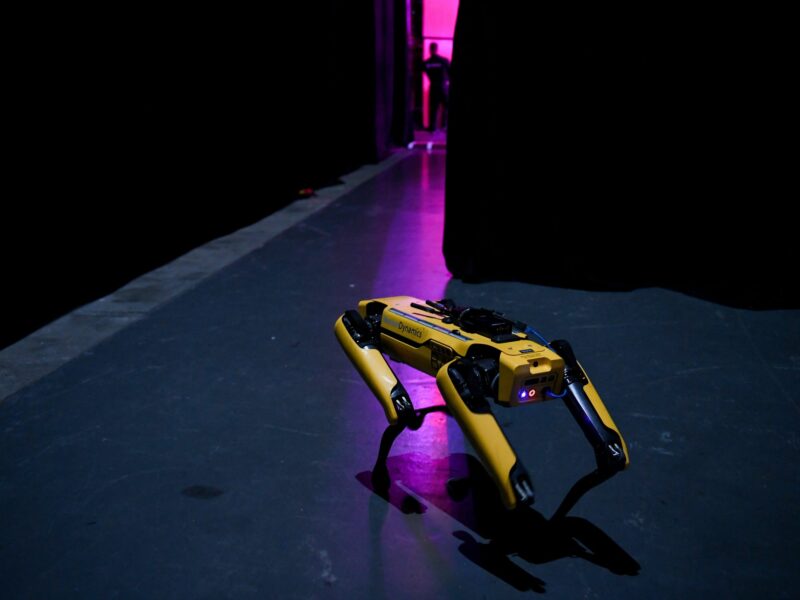 The yellow, quadruped Boston Dynamics's Spot Mini robot waits backstage
