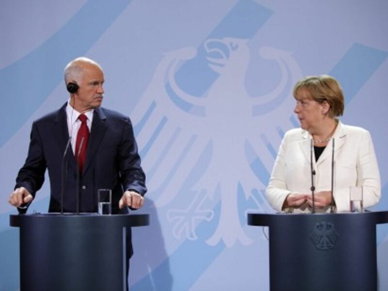 then-Prime Minister George Papandreou of Greece (left) and German Chancellor Angela Merkel in September 2011