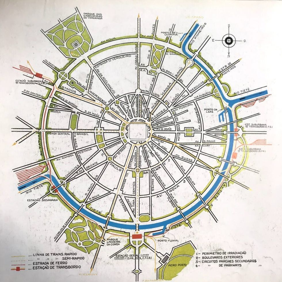 Theoretical scheme of the Plan of Avenues designed by Ulhôa Cintra and Prestes Maia, who was also mayor of São Paulo in the periods of 1938-1945 and 1961-1965