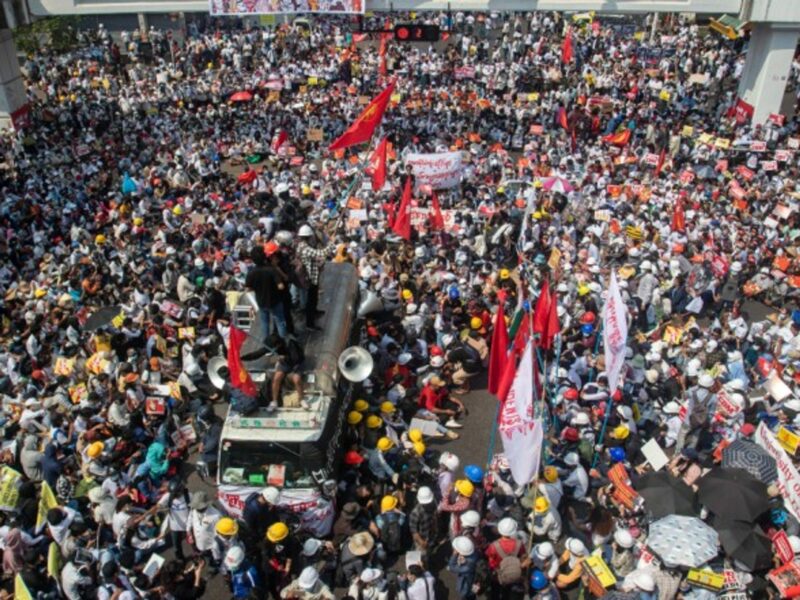 Thousands of protesters continue to demonstrate against the military coup in Yangon, Myanmar