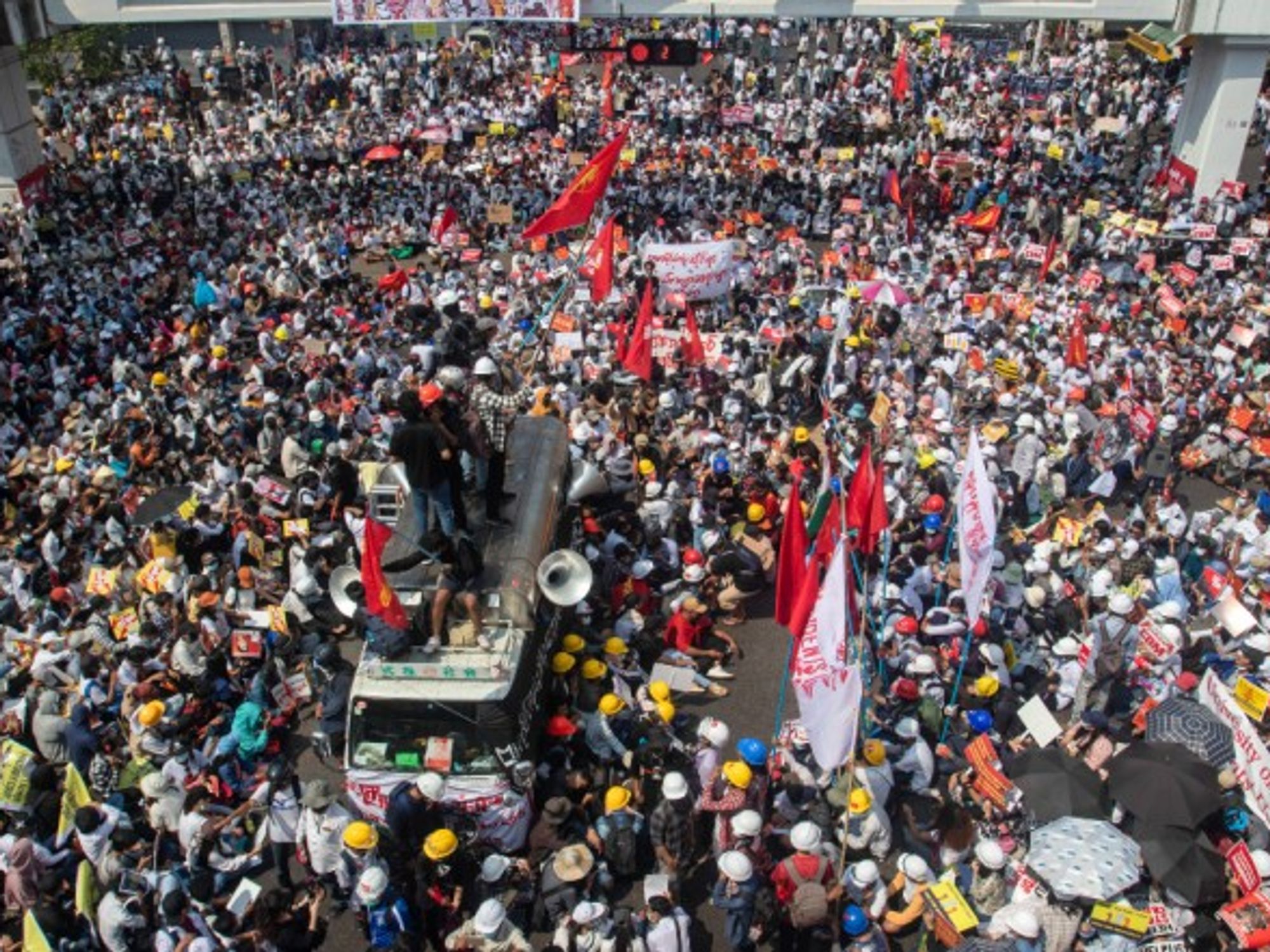 Thousands of protesters continue to demonstrate against the military coup in Yangon, Myanmar