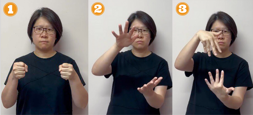 Three numbered panels show a woman preforming signs