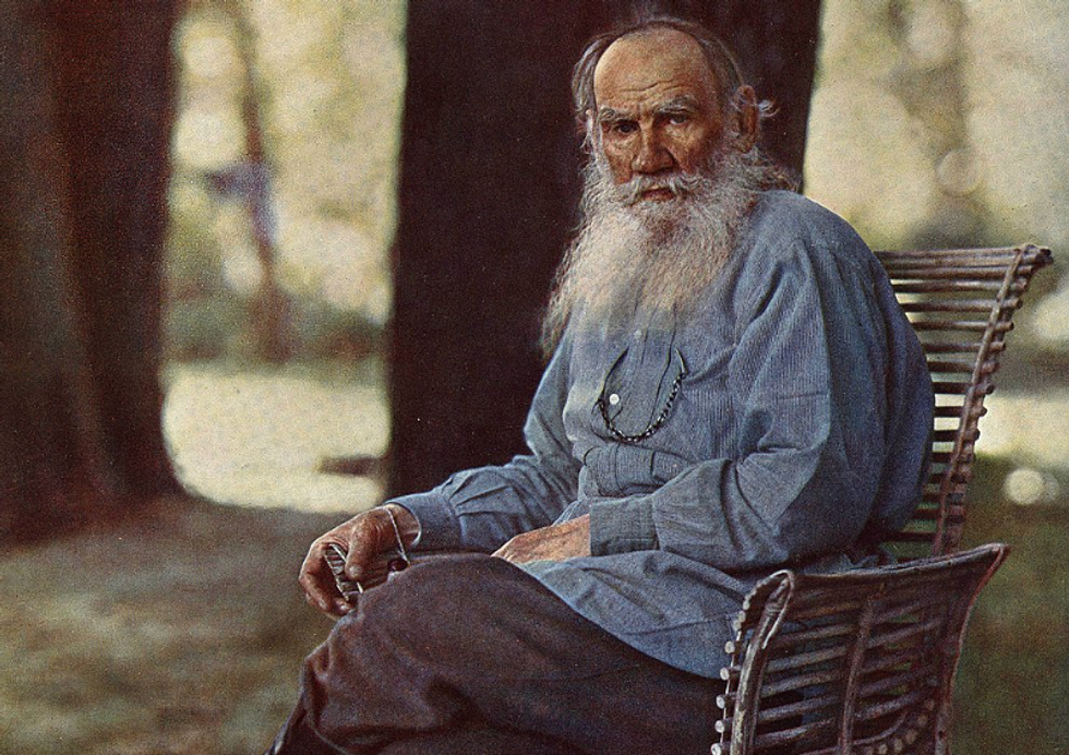 Tolstoy on May 23, 1908 at Yasnaya Polyana, lithograph print by Sergey Prokudin-Gorsky. Symbols of Russian culture, such as Tolstoy, are used for propaganda purposes by Putin.