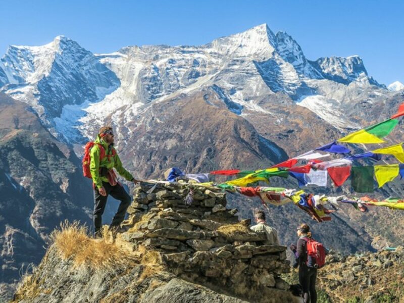 Tourists hiking in the Himalayas
