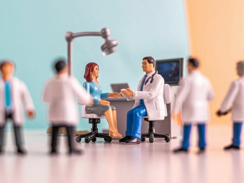 Toy figurines, doctors and one female patient
