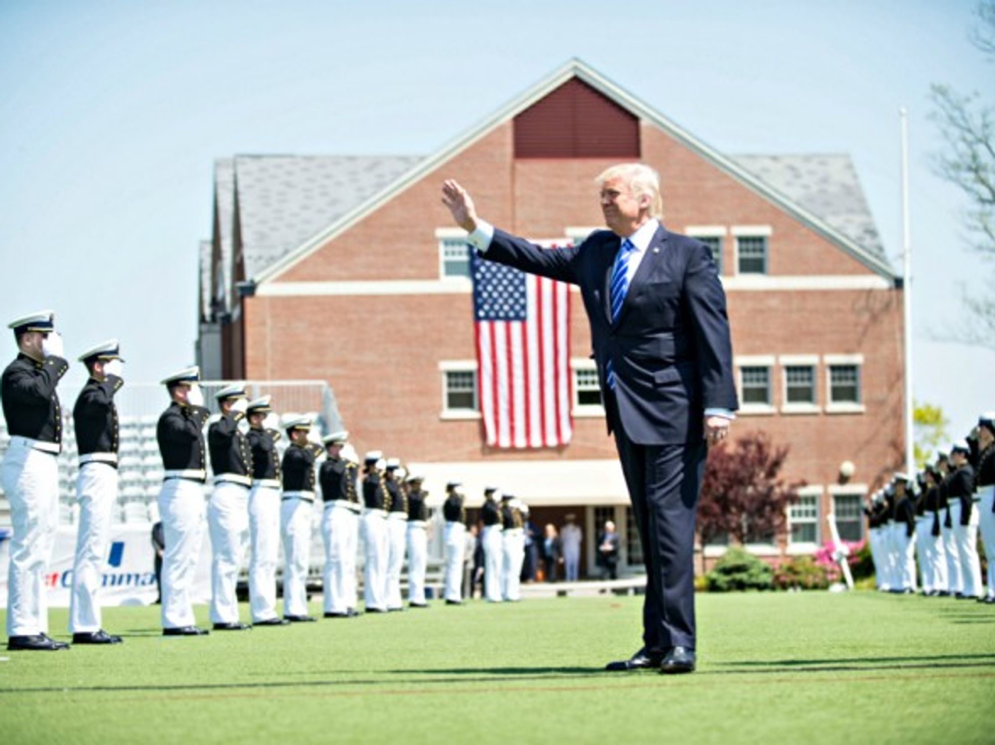 Trump at 136th Coast Guard Academy commencement ceremony in May.
