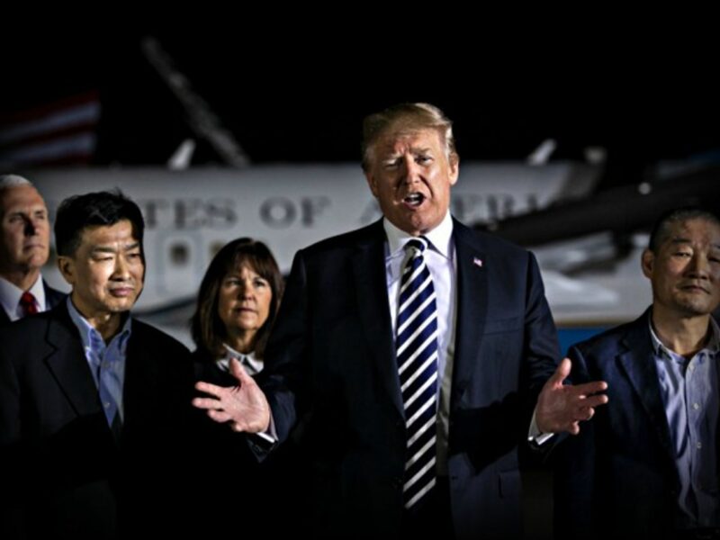 Trump speaks beside three American detainees after their arrival in the U.S. on Thursday,