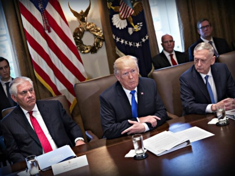 Trump, with Sec. of State Tillerson and Sec. of Defense Mattis