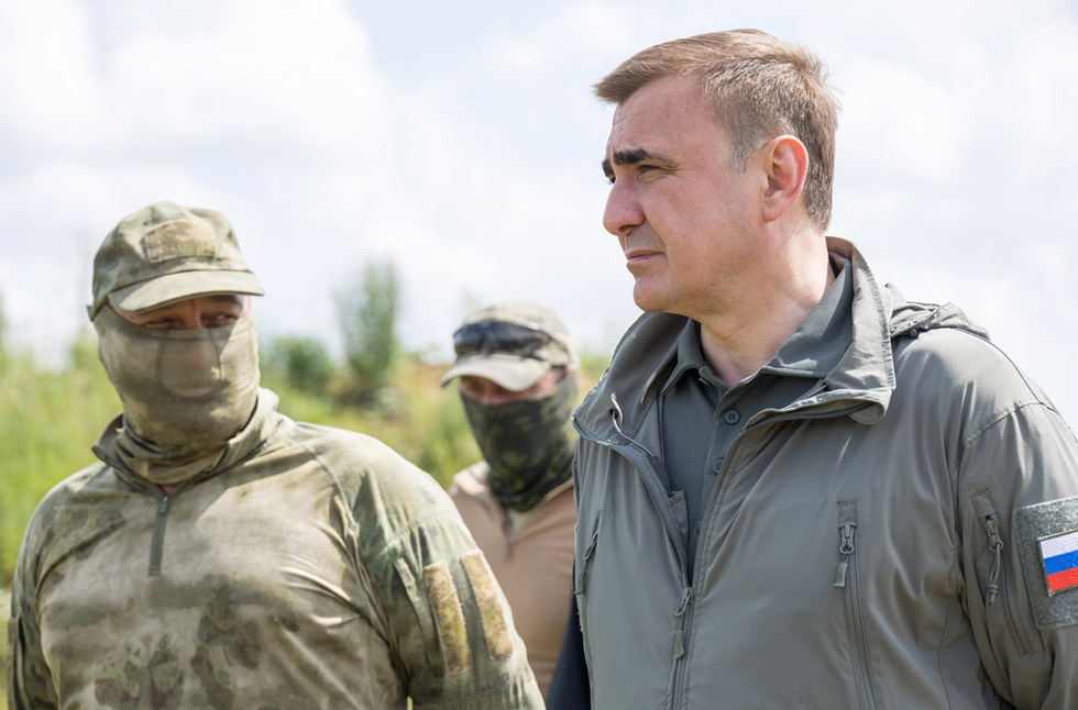 Tula Region Governor Alexei Dyumin visits a military training session of the Tula Battalion that consists of contracted Russian Army servicemen.
