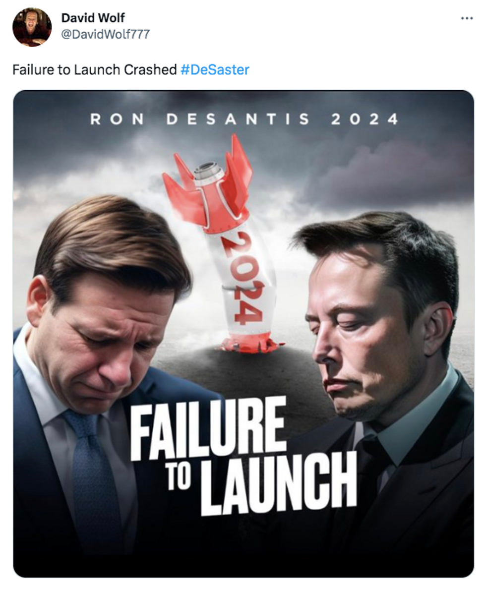 Tweet with an AI generated image of both Florida Governor Ron DeSantis and Elon Musk looking down.
