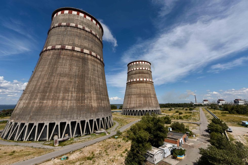 Two cooling towers are pictured on the premises of the Zaporizhzhia Nuclear Power Plant in Ukraine