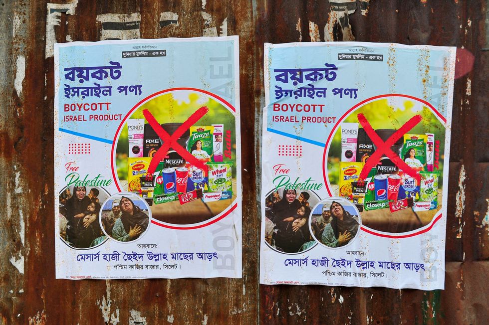 Two posters with a list of companies to boycott with a red x over them, there are also photos of Palestinan families and the words "Free Palestine" above them.