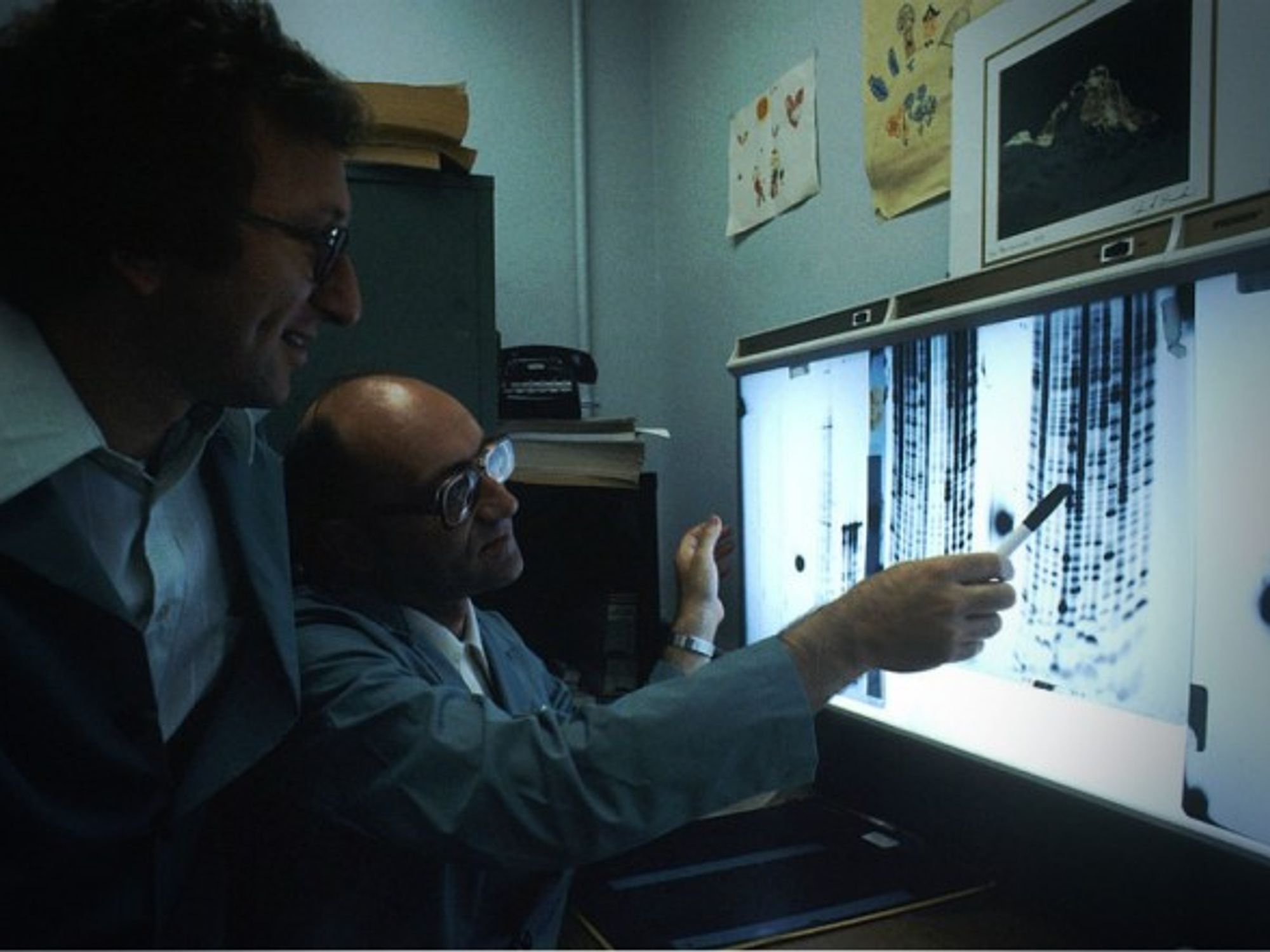 Two scientists reading DNA genetic code
