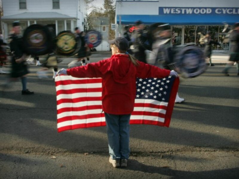 U.S. flag during a Marines parade in Westwood, NJ