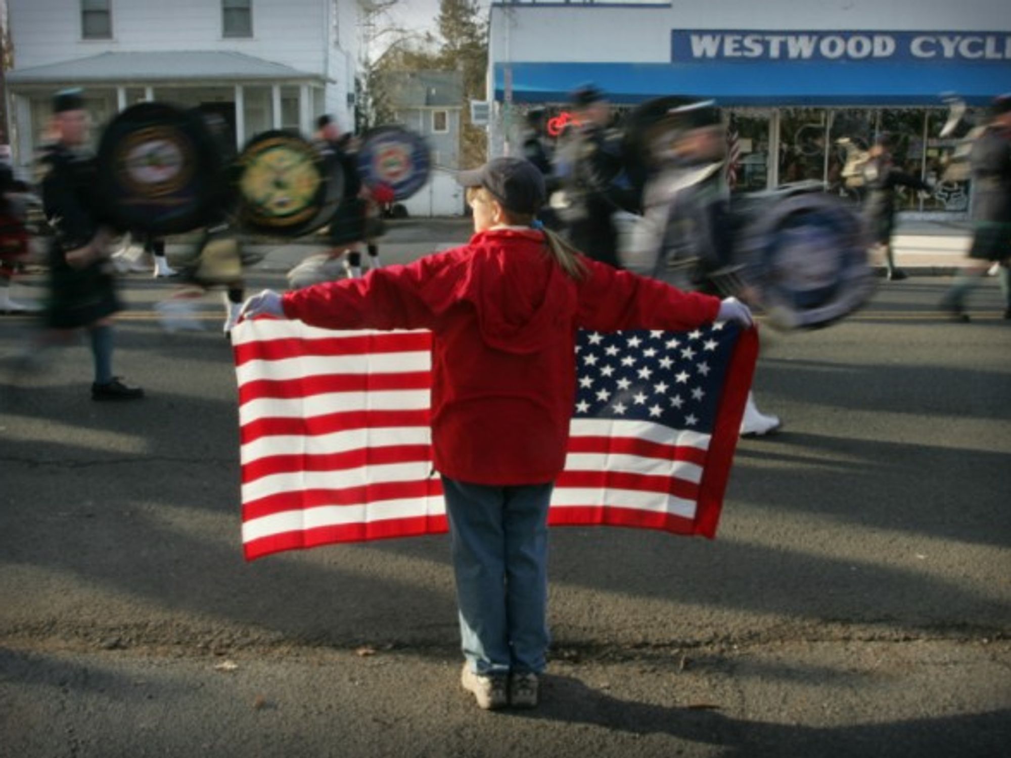 U.S. flag during a Marines parade in Westwood, NJ
