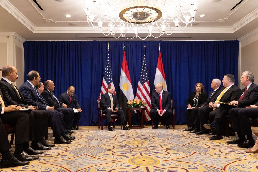 U.S. - President Donald J. Trump speaks with the President of the Arab Republic of Egypt Abdel Fattah al-Sisi prior to their bilateral meeting Monday, Sept. 24, 2018, at the Lotte New York Palace in New York.