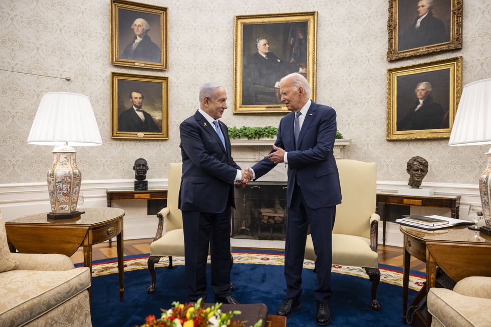 U.S. President Joe Biden and Prime Minister Benjamin Netanyhu of Israel shake hands during a bilateral meeting in the Oval Office in July 2024.