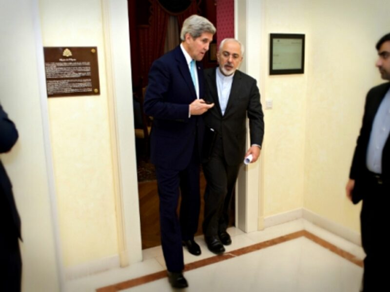 U.S. Secretary of State John Kerry with Iranian Foreign Minister Javad Zarif after a meeting on Iran's nuclear program
