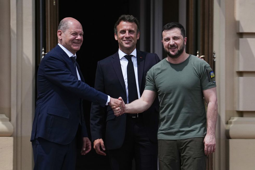 Ukraine President Volodymyr Zelensky welcomes Olaf Scholz and French President Emmanuel Macron in Kyiv