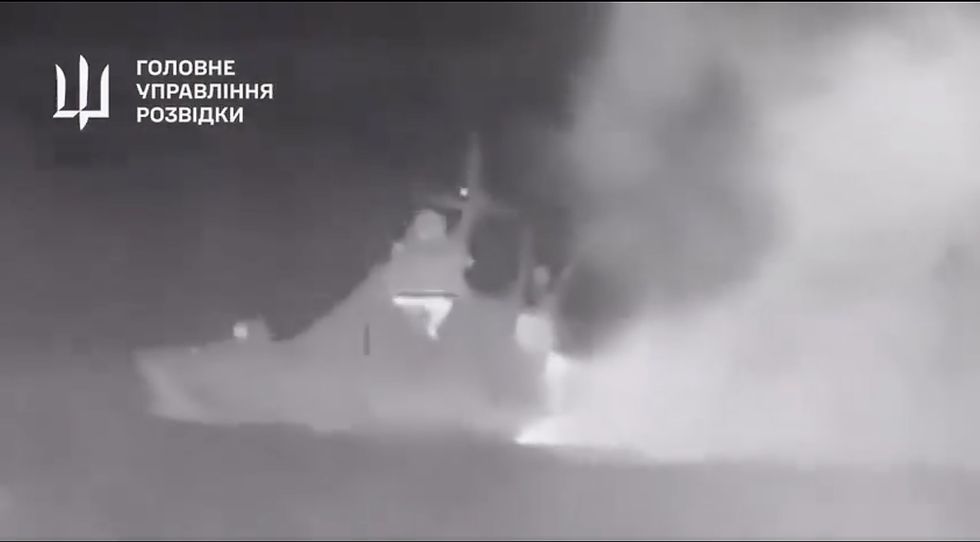 Ukrainian defense ministry footage from March 5, 2024 of the Russian Black Sea fleet patrol ship Sergey Kotov damaged by Ukrainian sea drones off the coast of Crimea.