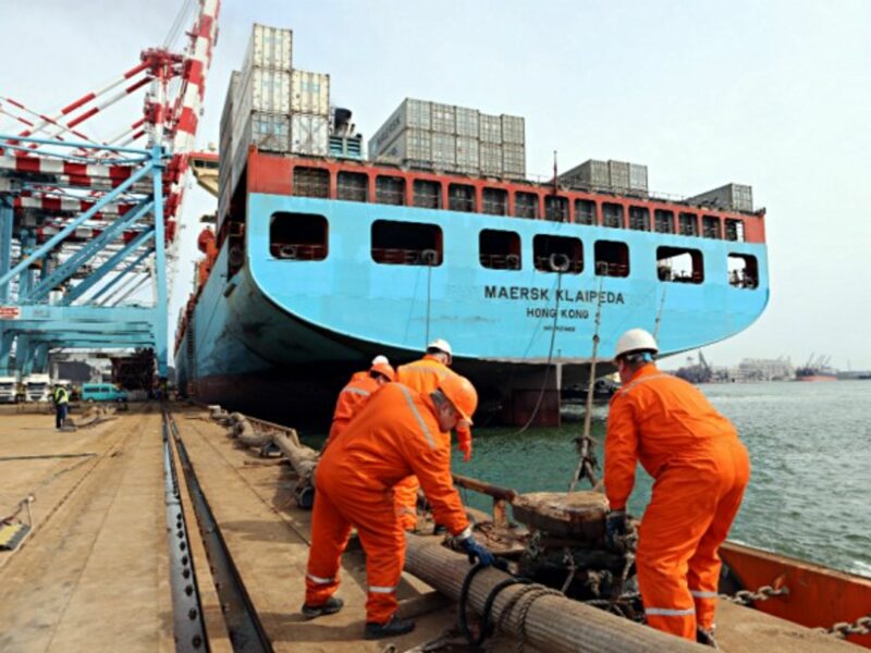 Ukrainian mariners receive a global container ship at Yuzhny Port