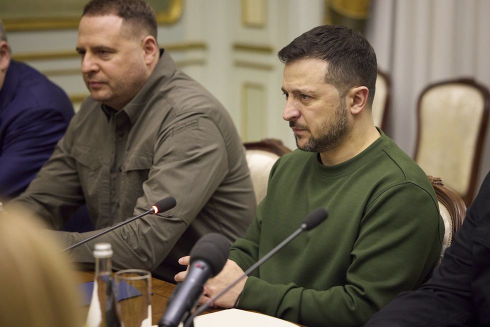 Ukrainian President Volodymyr Zelensky and Head of Office Andrii Yermak during a meeting with a group of U.S Senators .