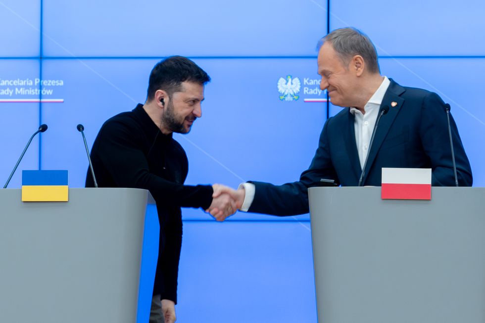 Ukrainian President Volodymyr Zelensky and Polish Prime Minister Donald Tusk at a press conference in Warsaw in January 2025.