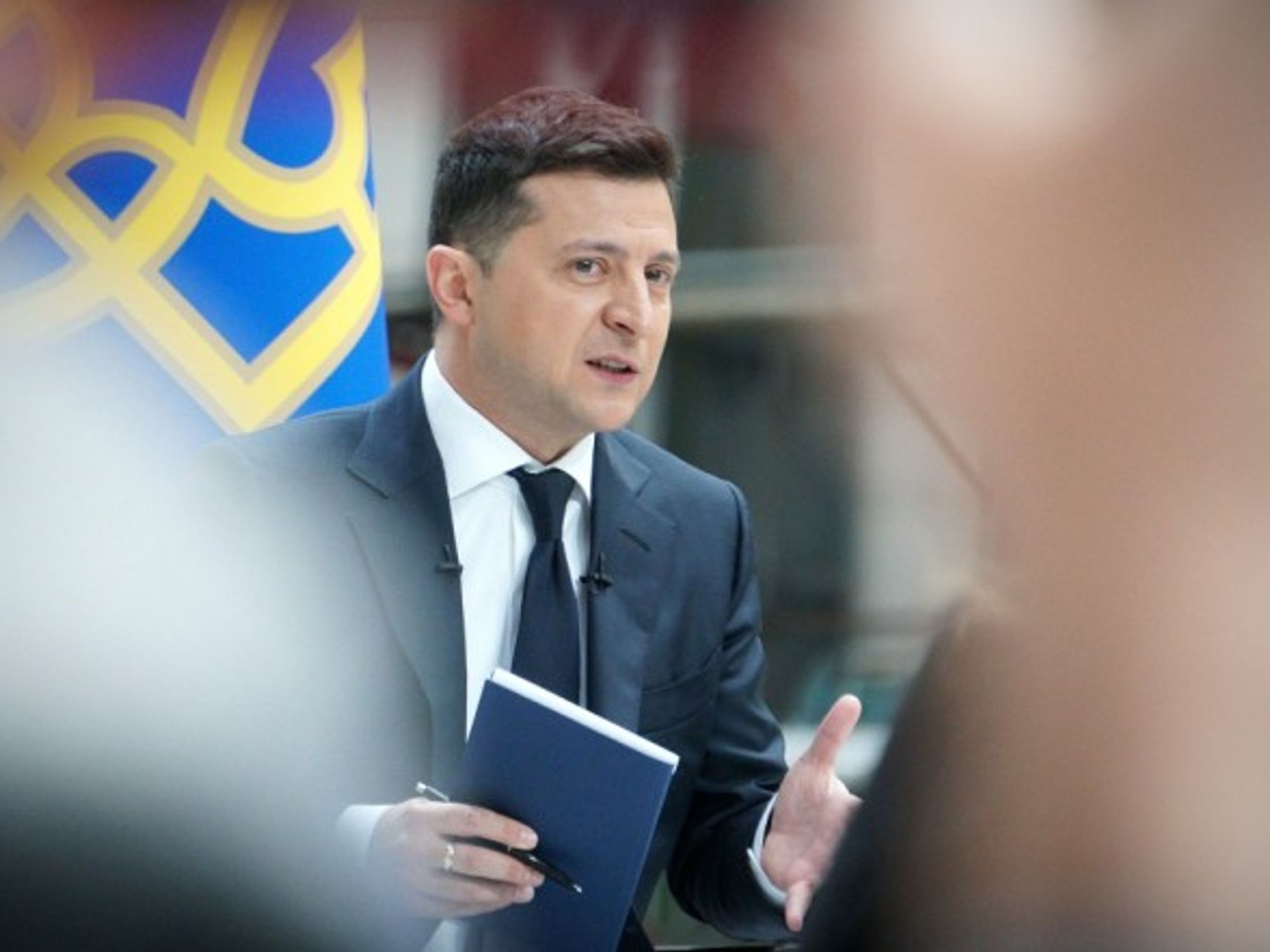 Ukrainian President Volodymyr Zelensky at a news conference in Kiev, Ukraine