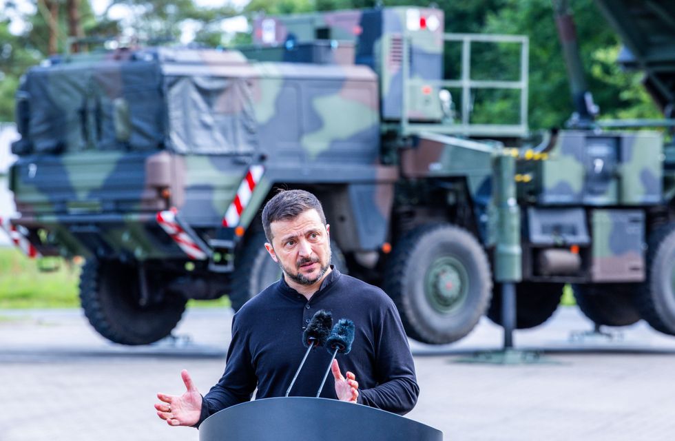 Ukrainian president Volodymyr Zelensky giving a press statement after visiting the training of Ukrainian soldiers on the ''Patriot'' air defense missile system at a military training ground.