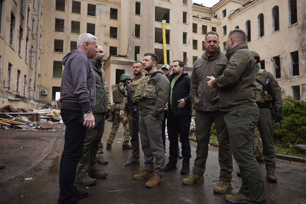 Ukrainian President Volodymyr Zelensky visits destruction in Kharkiv