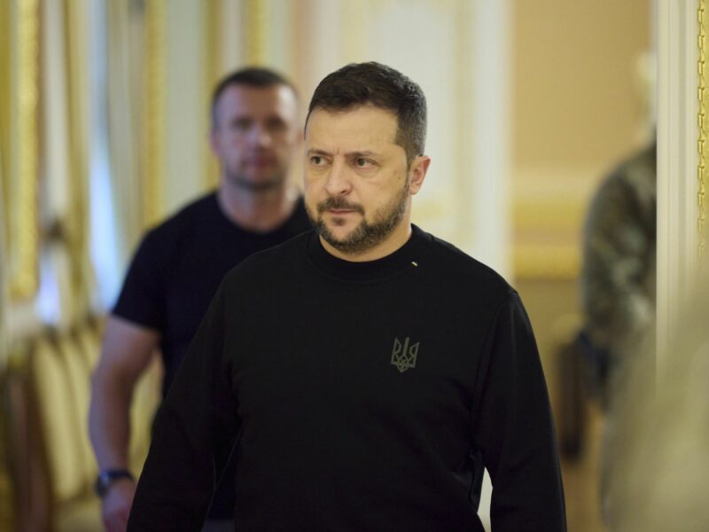 Ukrainian President Volodymyr Zelenskyy arrives for a ceremony to present the families of military heroes the Golden Star Order during a ceremony at the Mariinsky Palace, October 27, 2023 in Kyiv, Ukraine.