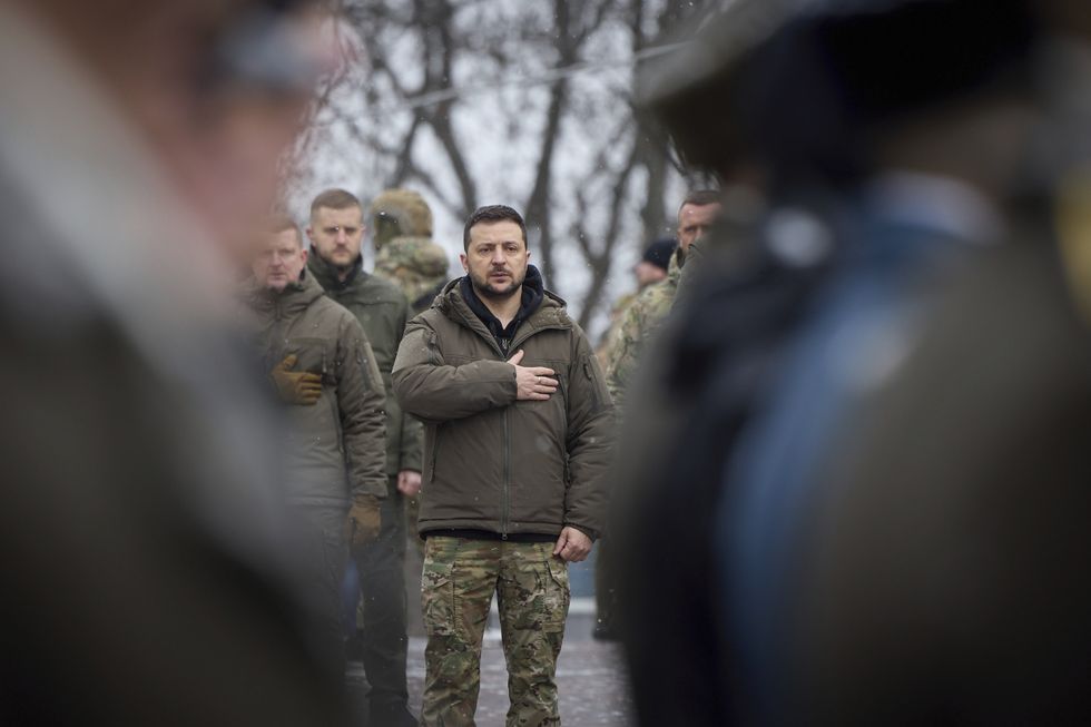 Ukrainian President Volodymyr Zelenskyy at a commemoration on Kruty Heroes Remembrance Day at the Askold's Grave memorial site.