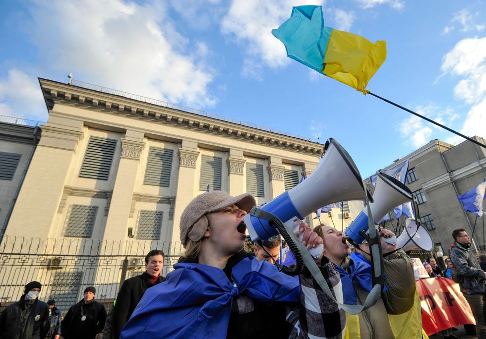 Ukrainian protesters near the Russian embassy in Kyiv