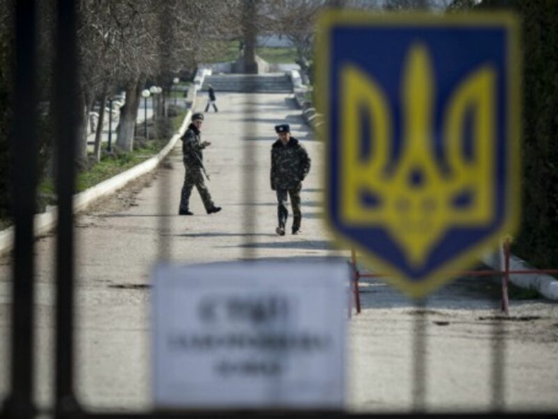 Ukrainian soldiers inside the Belbek military air base on March 16