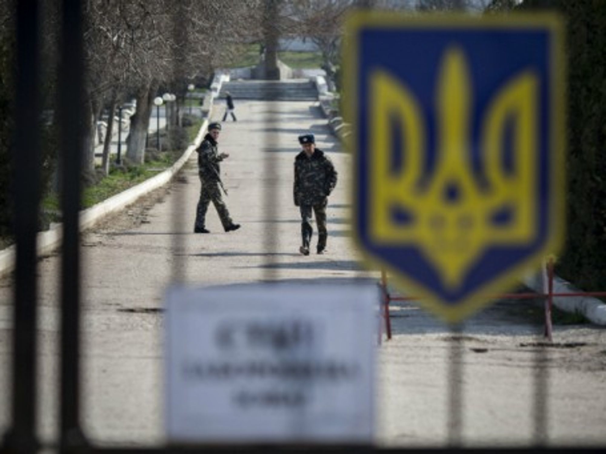 Ukrainian soldiers inside the Belbek military air base on March 16