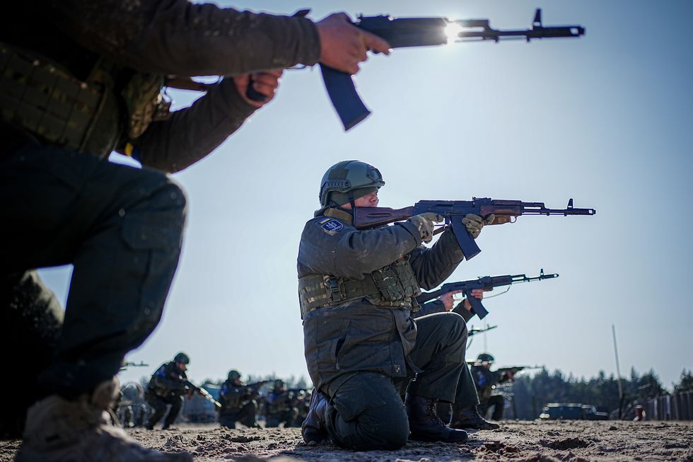 Ukrainian soldiers training for combat near Kyiv on Feb. 23