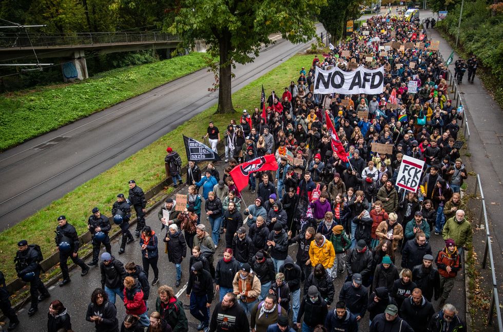 Under the slogan ''A clear stance against the right'', people take part in a demonstration against the AfD and march to the constitutional convention for the AfD Baden-Württemberg list for the Bundestag elections, Baden-Württemberg, Ulm, Germany, Oct. 5, 2024.