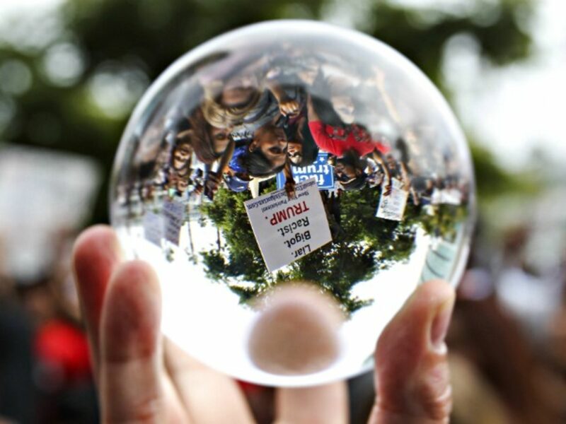 Upside-down at an anti-Trump rally in San Diego