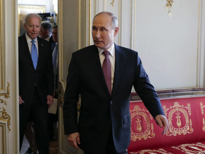 US President Joe Biden (L) and Russia's President Vladimir Putin seen after Russian-US extended talks at the Villa La Grange