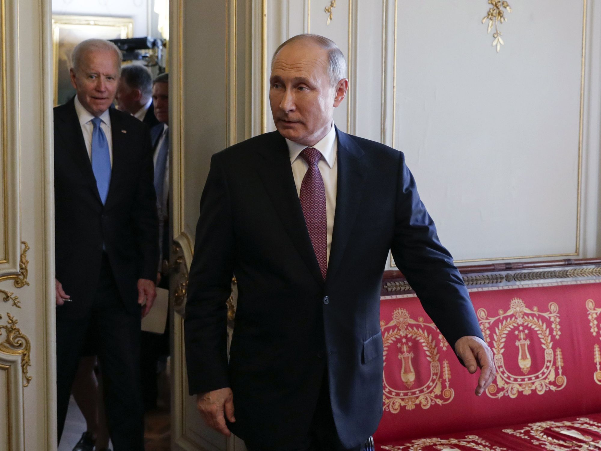 US President Joe Biden (L) and Russia's President Vladimir Putin seen after Russian-US extended talks at the Villa La Grange