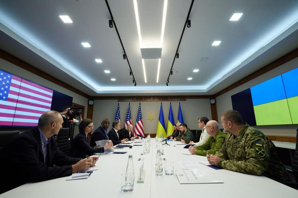 US Secretary of State Antony Blinken and US Secretary of Defense Lloyd Austin with President of Ukraine Volodymyr Zelensky and government officials in Kyiv