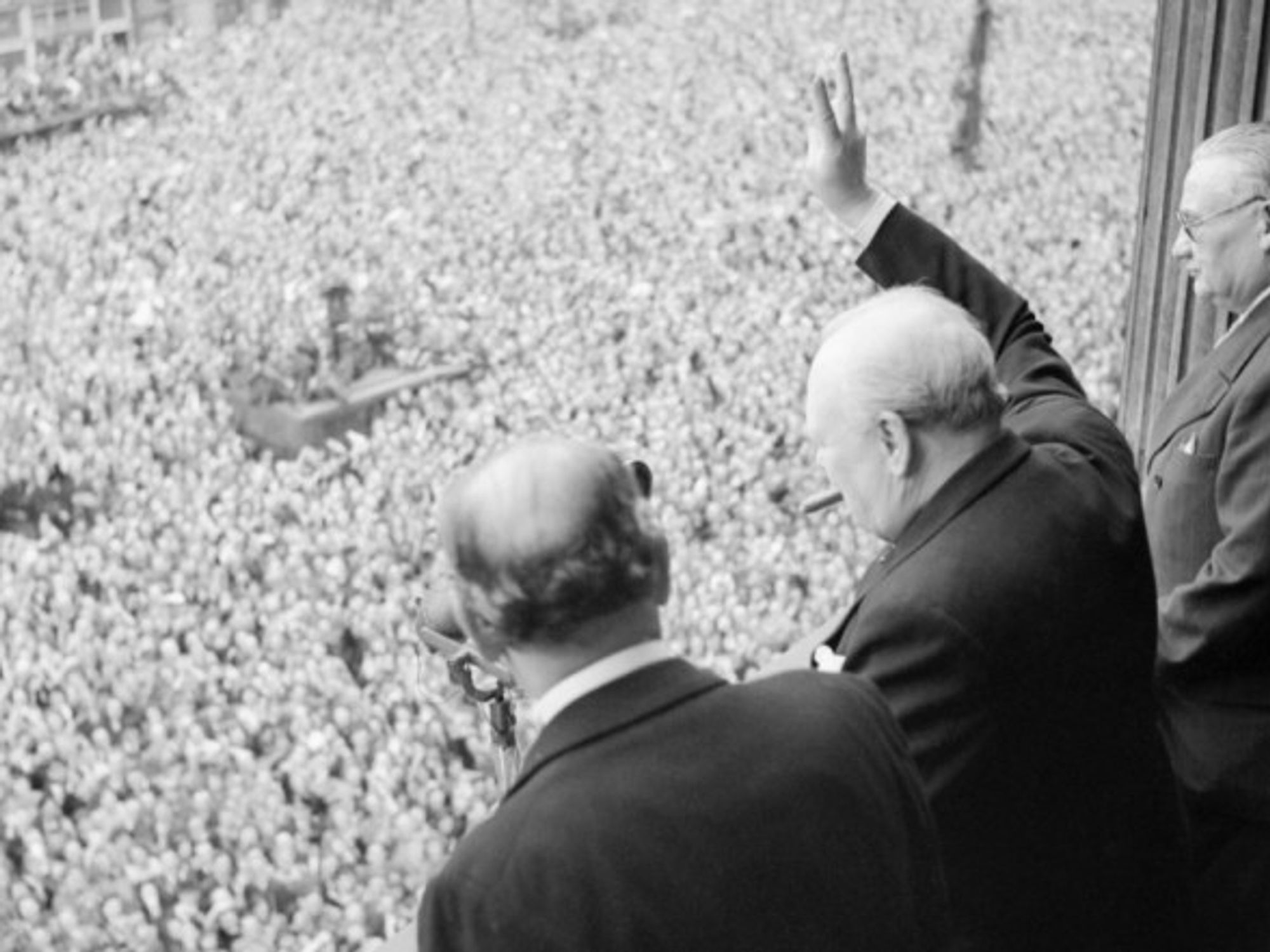V is for Villain : Churchill greets crowds at the end of World War 2