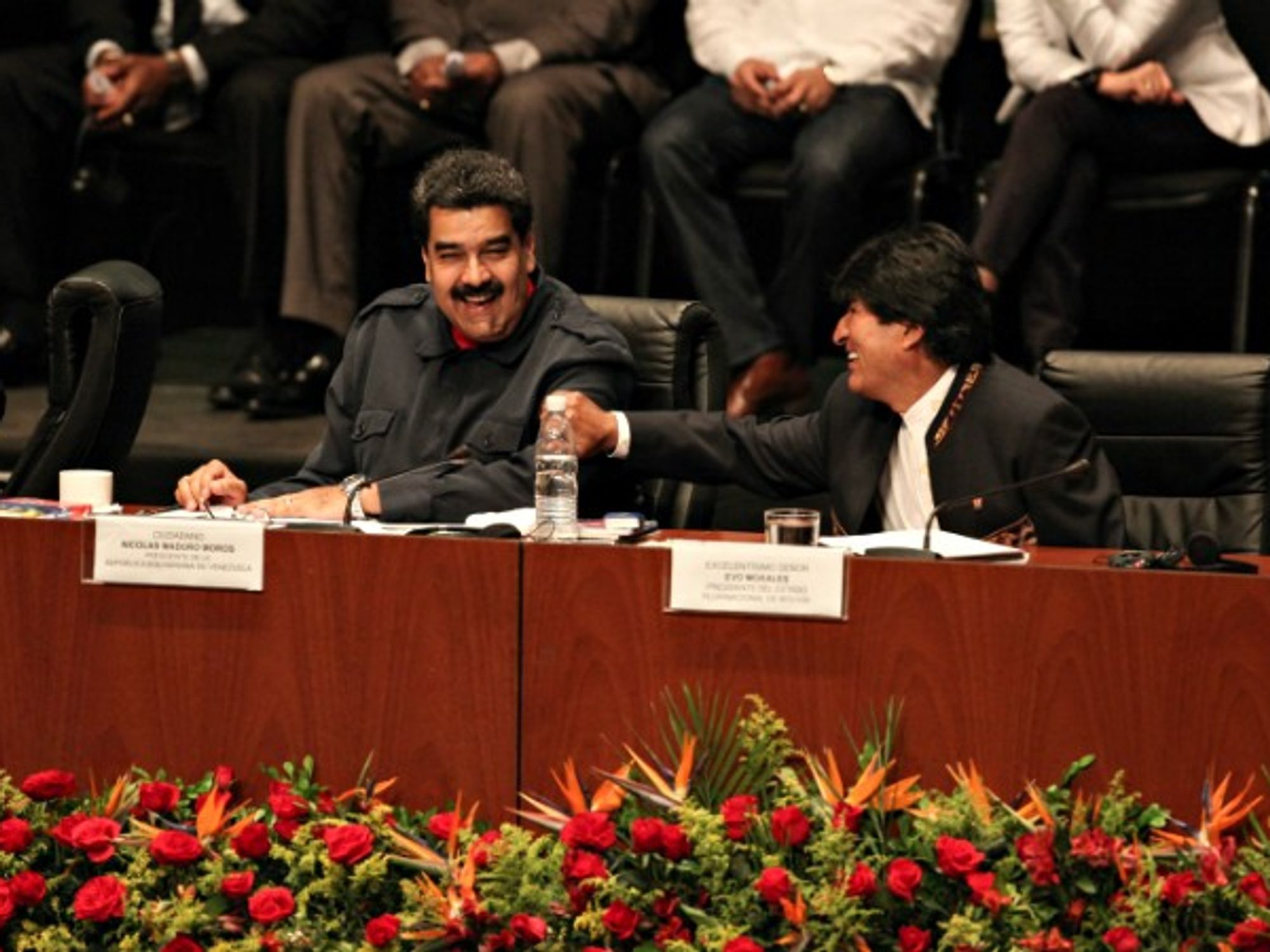 Venezuelan President Nicolas Maduro and Bolivian President Evo Morales in Caracas on March 5