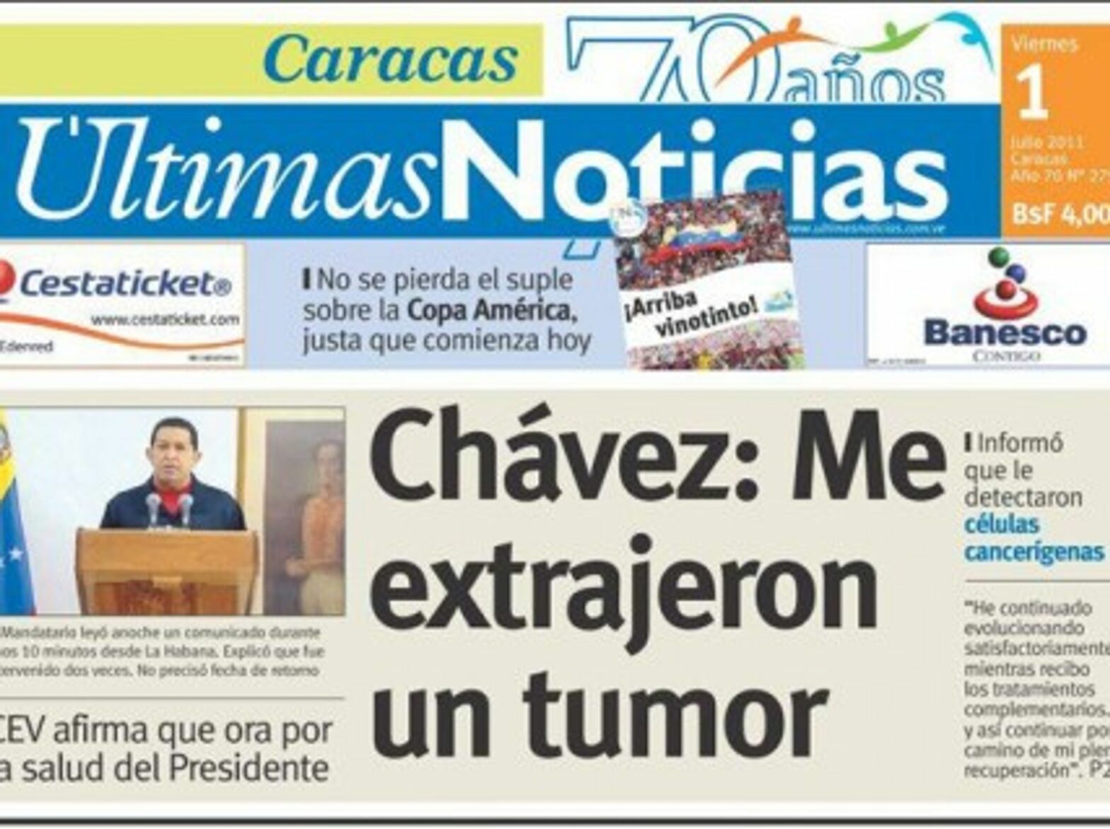 Venezuela's Ultimas Noticias reports on the unfolding story of Hugo Chavez's health